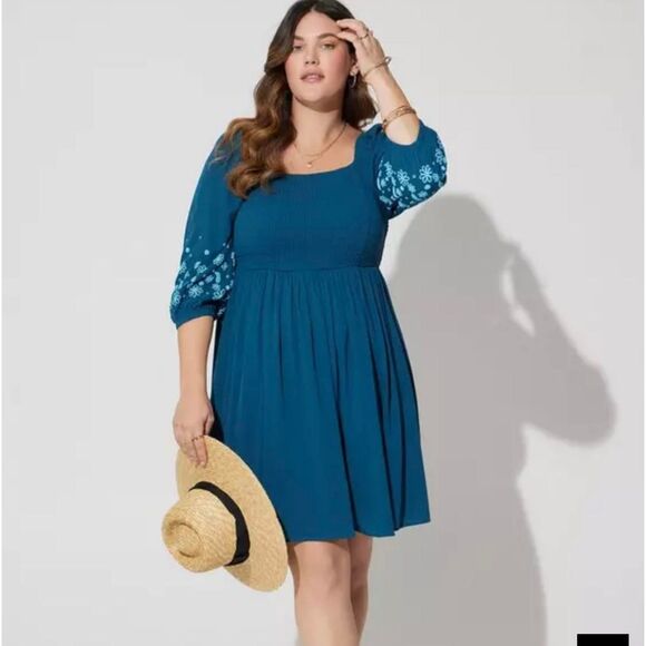 Torrid Mini Crinkle Gauze Blouson Sleeve Dress Blue Size 3X Smocked Boho Cottage - Picture 1 of 15